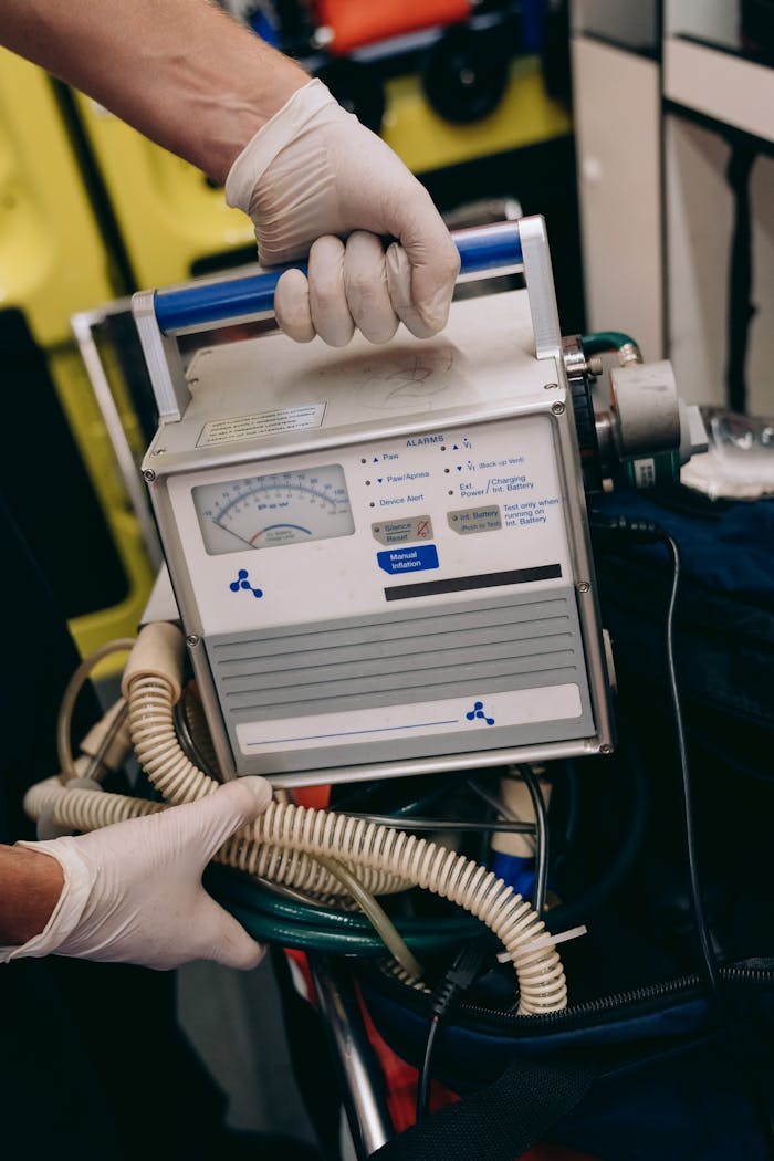 Close-up of medical equipment used in emergency ambulance situations.